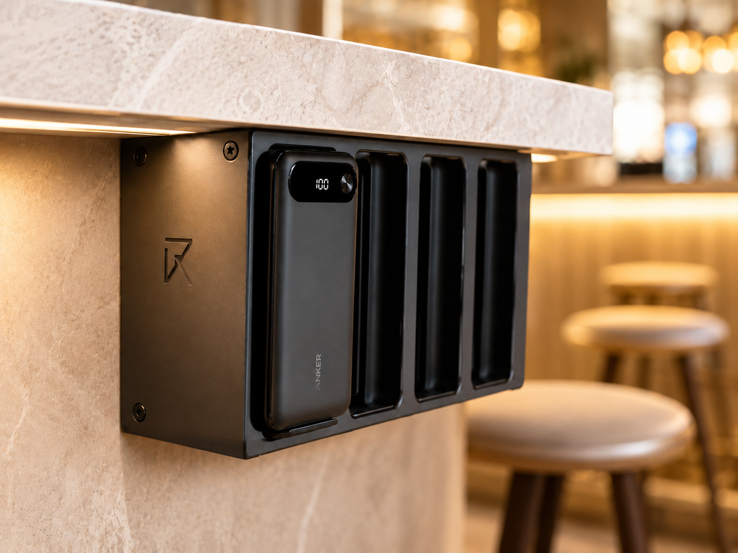 Under-counter charging station mounted at home